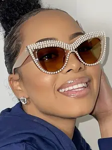 Women's Geometric Cat-Eye Oval Fashion Glasses with Rhinestone Accents & Brown Tinted Lenses - Stylish Durable Eyewear for Parties, Special Occasions, Trending Glasses