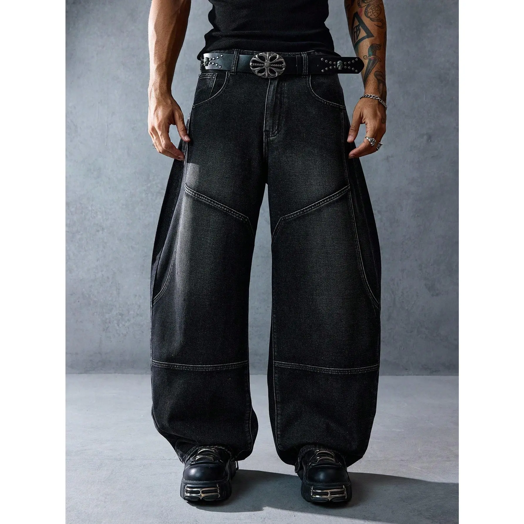 Men's Denim Jeans - Full-Length Baggy Straight Fit, Korean KPOP Streetwear, 90s Grunge Aesthetic, Ripped Details, Button Fly, Pocket Design, Casual Menswear Pants