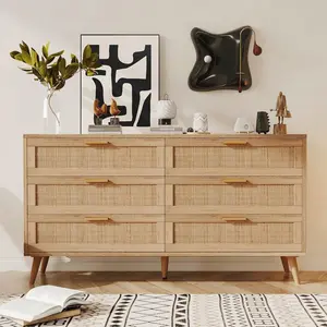 6 Drawer Double Dresser for Bedroom, Rattan Chest of Dressers, Boho Rattan Double Dresser with Handles, Beside Table for Closet, Living Room and Entryway, Natural,Sideboard Storage Cabinet,Sideboard Buffet Cabinet