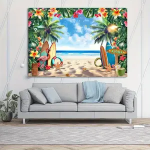 Vibrant Tropical Aloha Beach Tapestry - Peach Light Beige Fabric Wall Hanging with Flamingo, Surfboard & Palm Tree Design for Indoor Home Decor, Photo Studio Backdrop, Party Banner - Lightweight & Easy to Hang, Beach House Decor |   Tropical Theme |   Lig