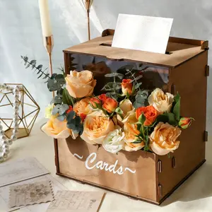 Wooden wedding card holder with a flower slot for displaying fresh flowers and party postcards. Perfect for weddings, parties, home decor, Christmas, Halloween, and other occasions. Includes cards. Graduation Memory Card Box
