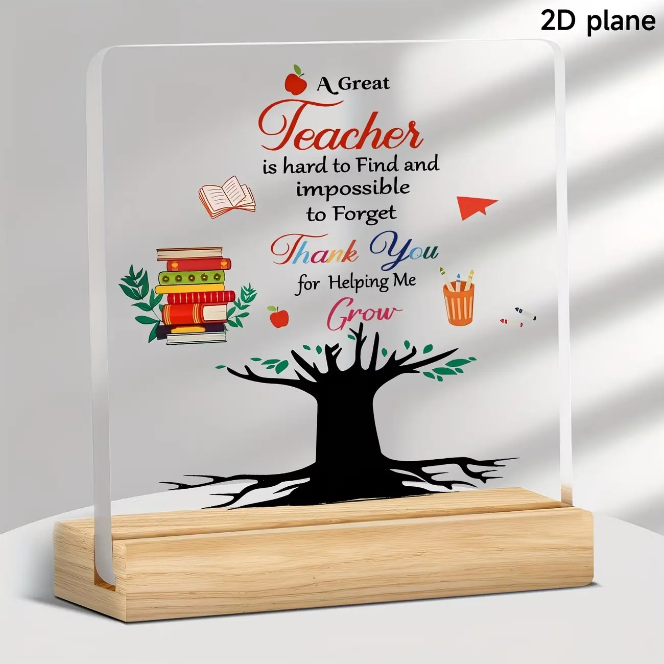Teacher Appreciation Gift Card, Acrylic Desktop Decoration with Book Pencil Apple Design and Thank You Message, No Assembly Required, Perfect Teacher's Day Present, Acrylic Plaque Decor, Creative Desktop Decoration