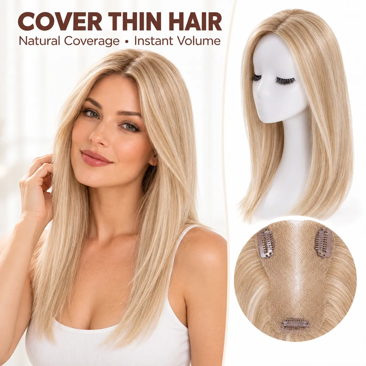 27g Lightweight Volumizing Synthetic Hair Topper - 14-Inch Straight Anti-Thinning Synthetic Extensions & Pieces, 3-Clips, 7.5×11cm Hand-Tied Breathable Base, Glueless, Gray Root Coverage, Casual-Classy Daily Wear