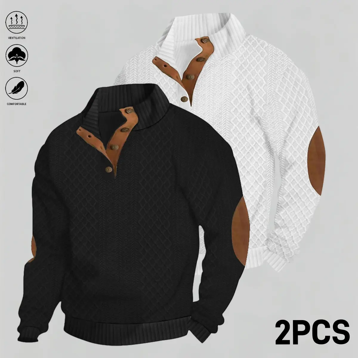 Men's 2-Pcs Stand Collar Jacquard Knit Top - Premium Color-Block Collar Patchwork Design, Mature Casual Style, Suitable for Autumn/Winter Outdoor Wear, Includes Shirt, Sweatshirt, Henley Variations, Turtleneck, Menswear, Stylish