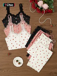 Women's Sweet Strawberry Print Pajama Set, Lace Shoulder Straps Top and Elastic Pants, Soft Comfortable Home Wear, 6-Piece Lounge