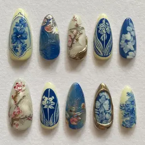 S127 Ink Blossom Press-On Nails, 3D Chinoiserie Florals, Blue & Ivory Hand-Painted Look, Gold Accent Details, Custom Nail Art, Solana Nails Town