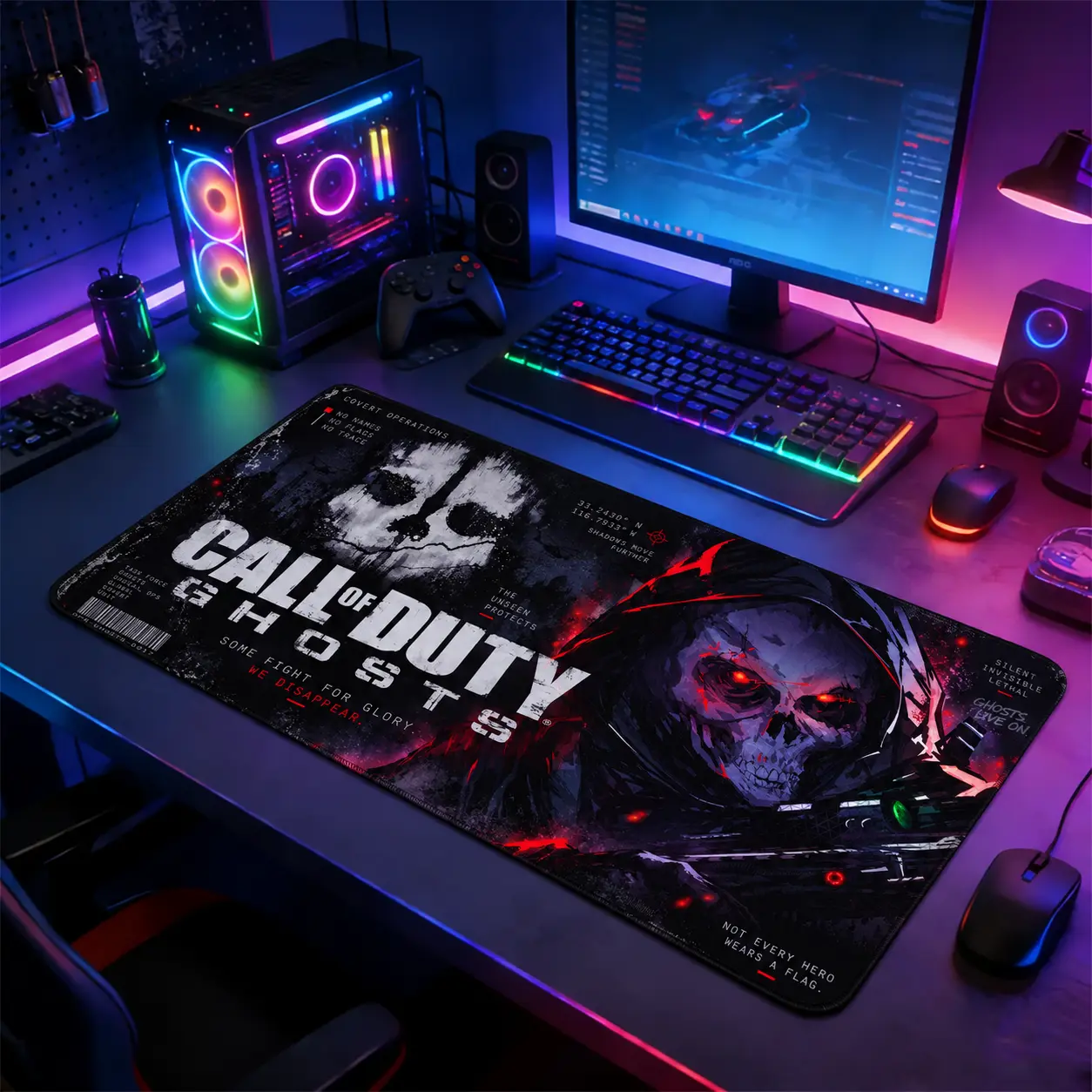 Call of Duty Ghosts Desk Pad, 15.7x31.5 Inch Extended Gaming Mouse Pad, Skull Soldier Tactical Design, Non-Slip Rubber Base Stitched Edges Computer Table Mat, Gamer Fan Gift