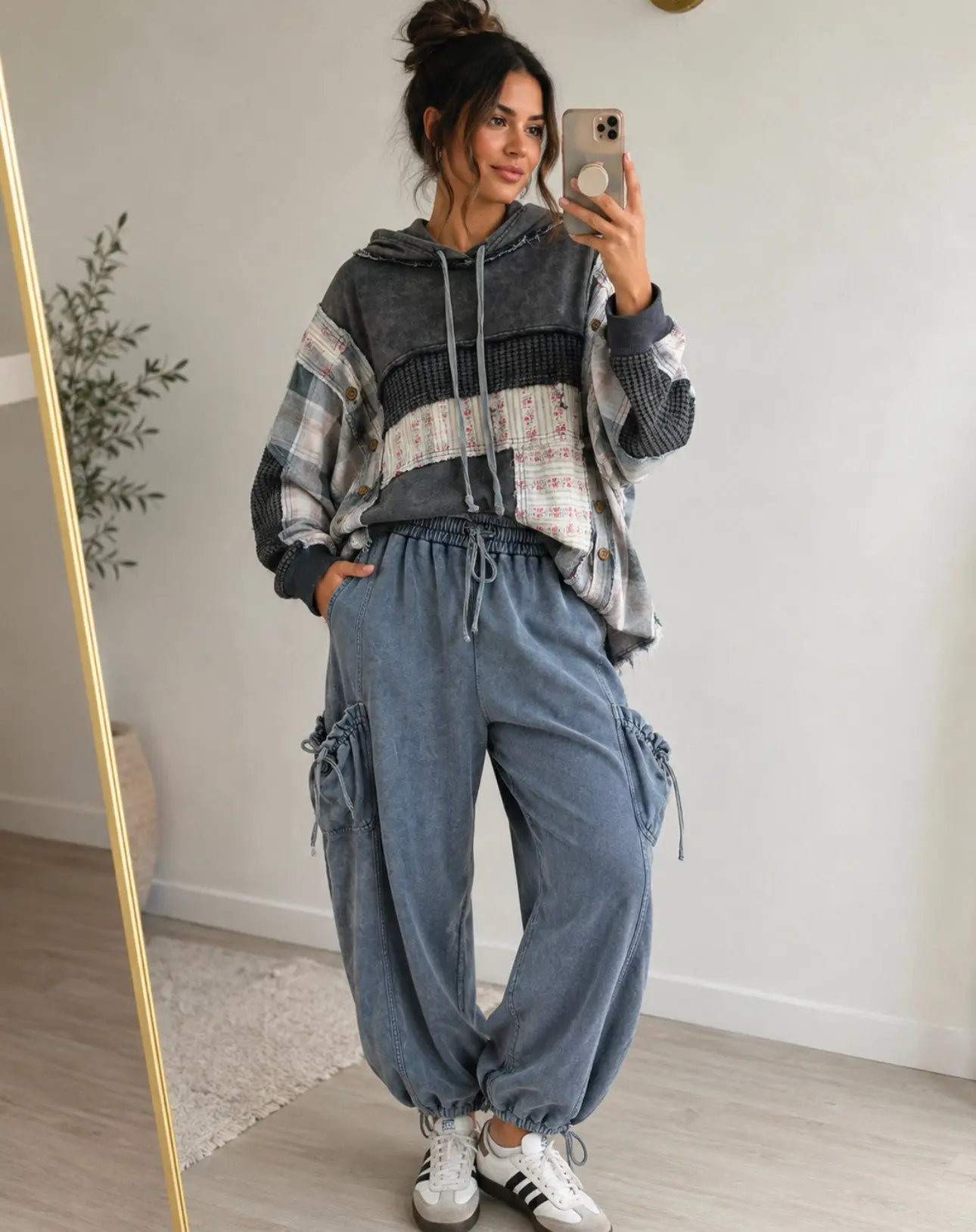 Blue Washed Patchwork Hoodie Top