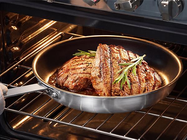 Non Stick Frying Pan, Heavy-Gauge Aluminum Skillet with Reinforced Nonstick Coating, Red Handle, Dishwasher and Oven Safe