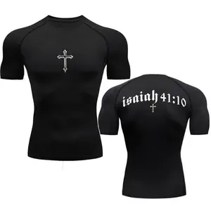 Bible Cross Jesus Christ Graphic Compression Tee Shirt Men Gym Workout Baselayers Rash Guard Athletic Quick Dry T-Shirt Tees Top