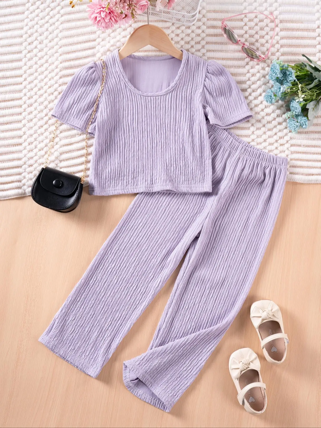 Two-Piece Set Girl's Solid Color Top & Pants Set, Casual Round Neck Short Sleeve Top & Trousers, Summer Clothes for Kids, Clothing