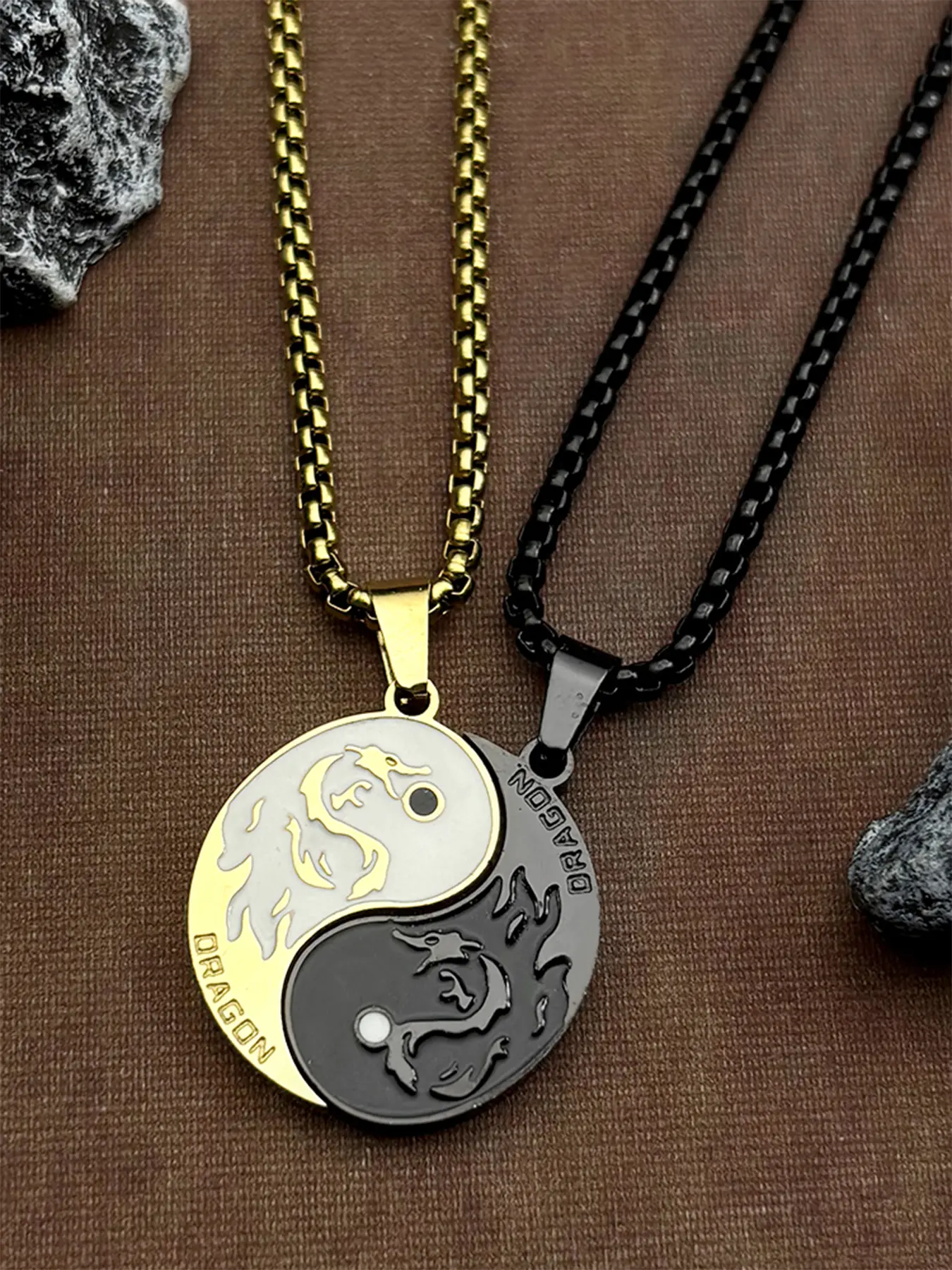 Fashion Dragon Figure Chinese Yin Yang Tai Chi Couple Pendant Necklace For Women Men Gold Black Color Amulet Gift Exquisite Jewelry Gift Stainless Steel Necklace