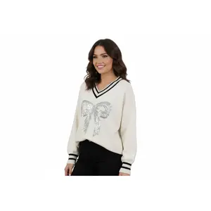 Silver Sequin Bow Sweater: Cream & Black Chic