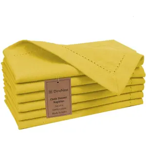 Hemstitch Cloth Dinner Napkins 100% Cotton Set of 6 - for Dining Special Occasions Weddings Parties Holidays Easter - Soft Durable Reusable - Elegant 18x18 Inch Table Cloth Napkins Yellow