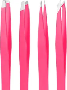 Tweezers Set, High Precision Stainless Steel Eyebrow Tweezers for Facial Hair, Inward Growing Hair and Splinter Remover Kit, Suitable for Women and Men, 4-Piece Set. (pink)