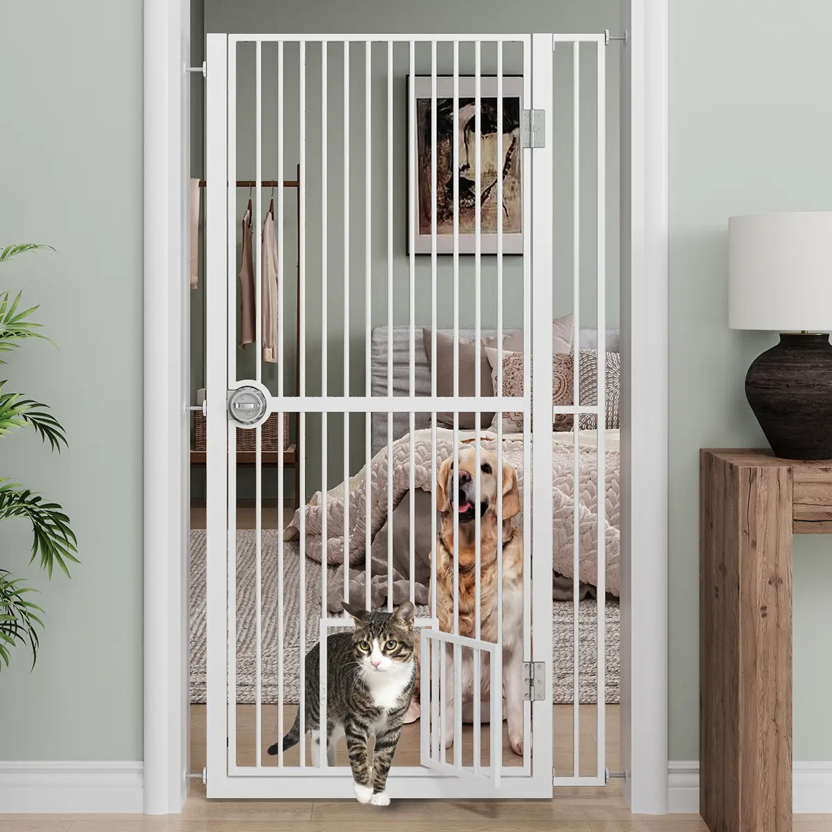 [Bellemave] 61" Extra Tall Cat Gate for Doorway, Adjustable Wide Dog/Cat Door, Suitable for Doorways or Kitchen, No Drilling Pressure Mount Kit, White