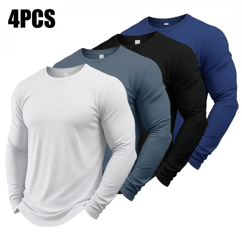 4-pack men’s athletic tops, long-sleeve casual crewneck T-shirts, outdoor fitness apparel, polyester knit fabric—cool, breathable, quick-drying, suitable for everyday workouts, running, cycling, fishing, and basketball, as well as home wear.