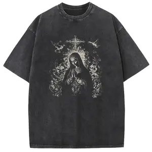 Unisex Digitex Acid Washed Virgin Mary Graphic Tee - Oversized Baggy T-Shirt, Distressed Retro Streetwear Casual Top for Men & Women