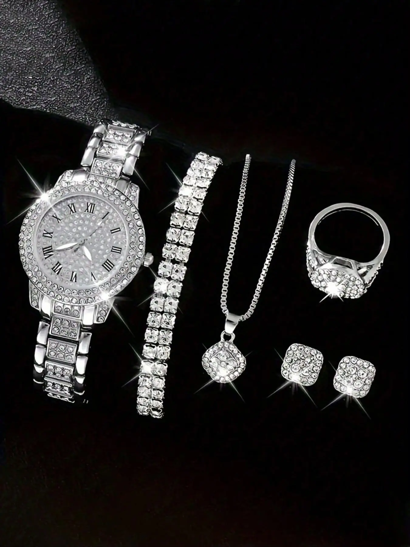 Women's Elegant Rhinestone Decorated Quartz Watch & Matching Jewelry Set, Accessory Set Including Round Dial Watch & Bracelet & Ring & Pendant Necklace & Stud Earrings, Fashion Watch Set for Party, Daily Decor, without Box