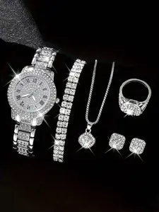 Women's Elegant Rhinestone Decorated Quartz Watch & Matching Jewelry Set, Including Round Dial Watch & Bracelet & Ring & Pendant Necklace & Stud Earrings, Fashion Watch Set for Party, Daily Decor, without Box