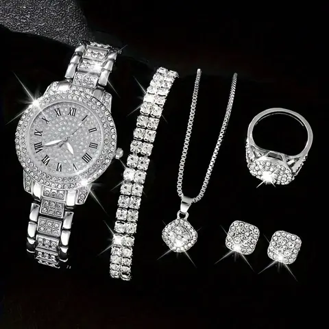 Women's Elegant Rhinestone Decorated Quartz Watch & Matching Jewelry Set, Accessory Set Including Round Dial Watch & Bracelet & Ring & Pendant Necklace & Stud Earrings, Fashion Watch Set for Party, Daily Decor, without Box