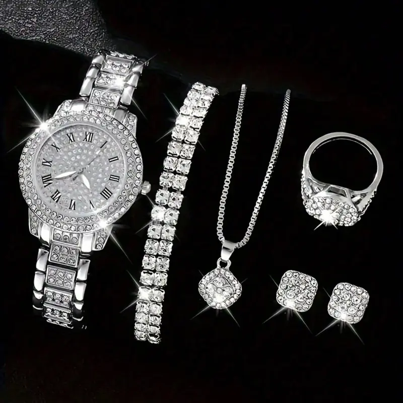 Women's Elegant Rhinestone Decorated Quartz Watch & Matching Jewelry Set, Accessory Set Including Round Dial Watch & Bracelet & Ring & Pendant Necklace & Stud Earrings, Fashion Watch Set for Party, Daily Decor, without Box