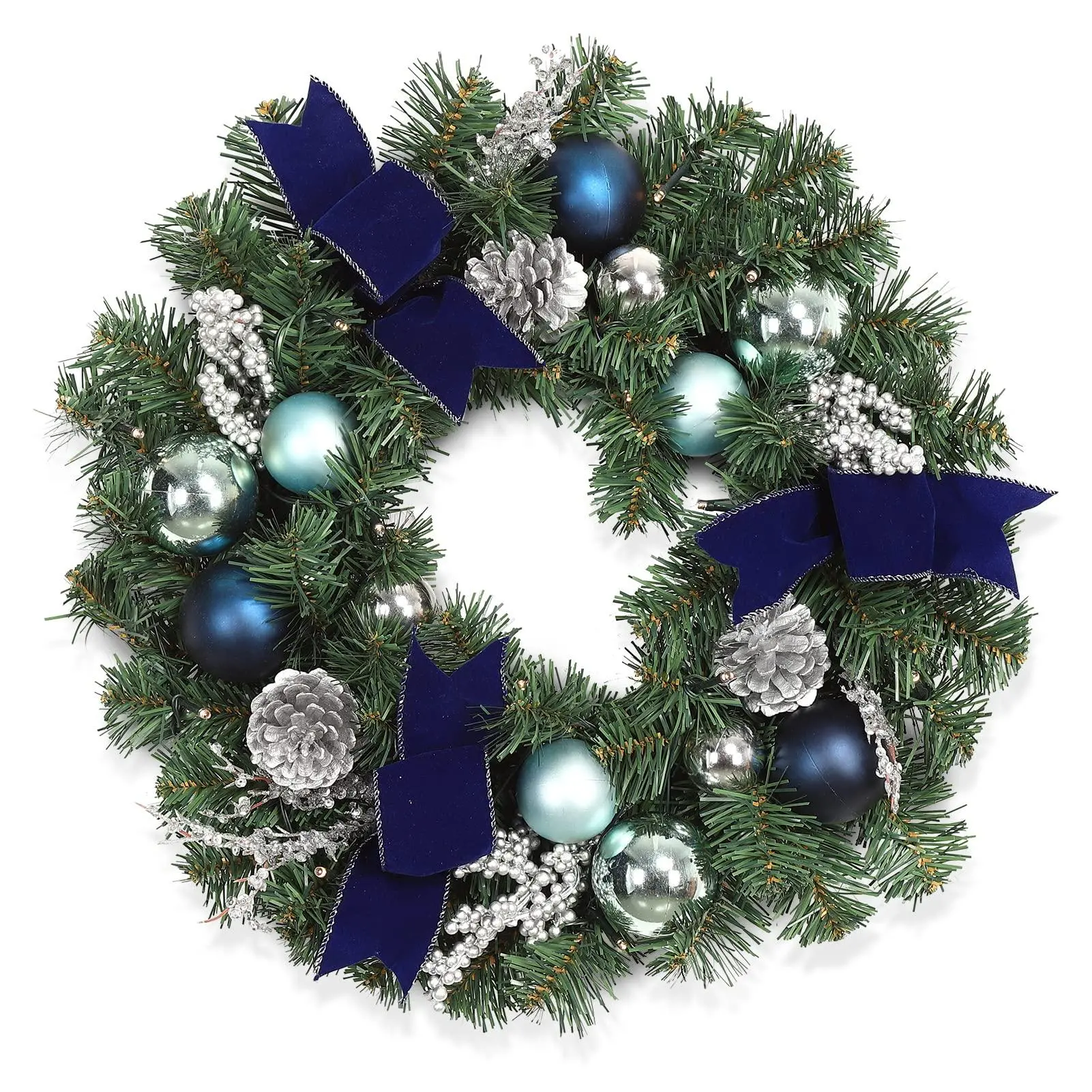 Garvee Christmas Wreaths, 18 Inch Christmas Wreath for Front Door with 15 LED Lights, Pre-lit Christmas Decoration with Blue Bows Silver Leaves Ball Ornaments for Christmas Wall Window Decor