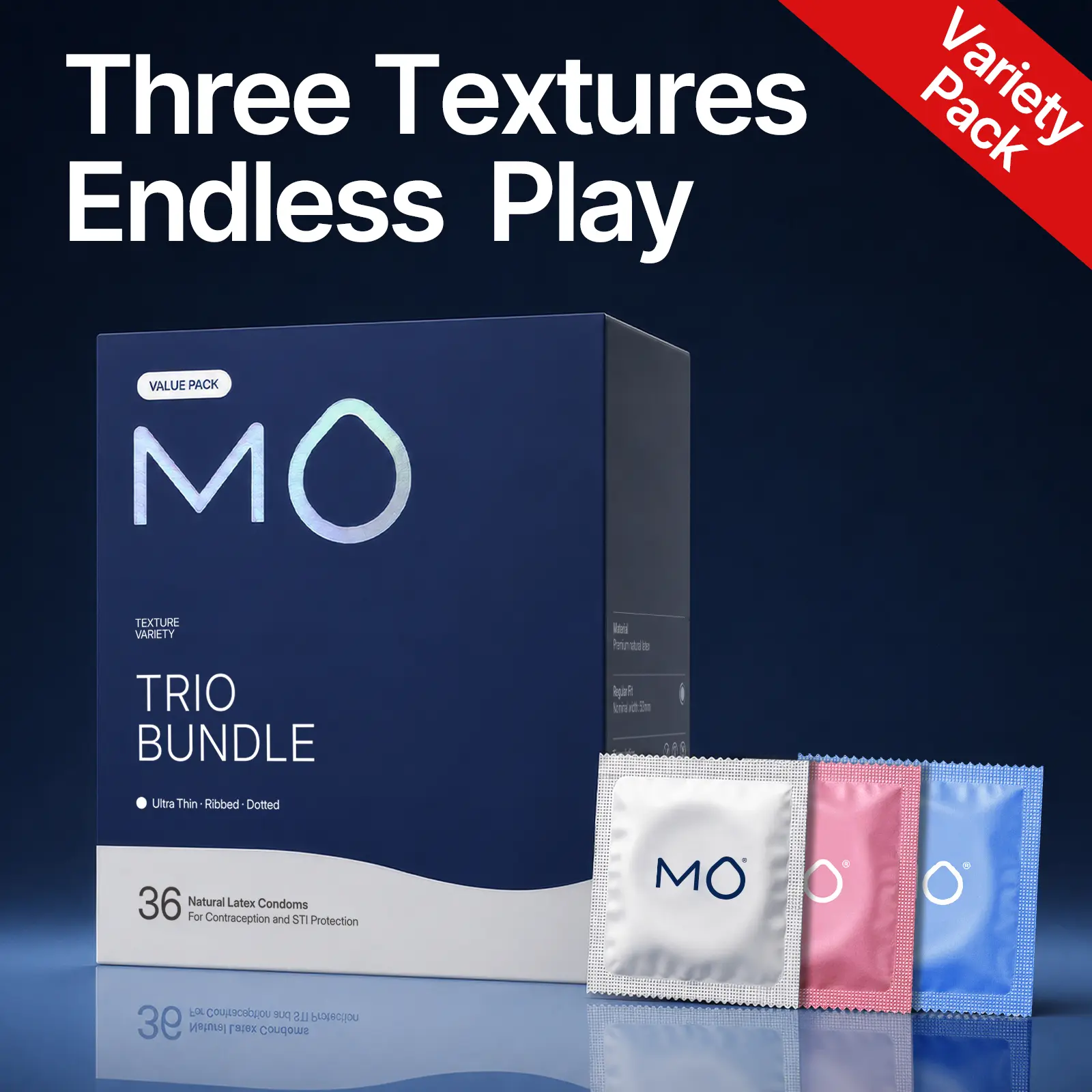 MO Trio Bundle Variety Pack Condoms for Men - Natural Rubber Latex, Universal 53mm Regular Fit, 3 Feel Textured Sensations (Ultra Thin-Ribbed-Dotted), Silicone, pH Balanced, Protection, 36 Pcs, Polka Dot