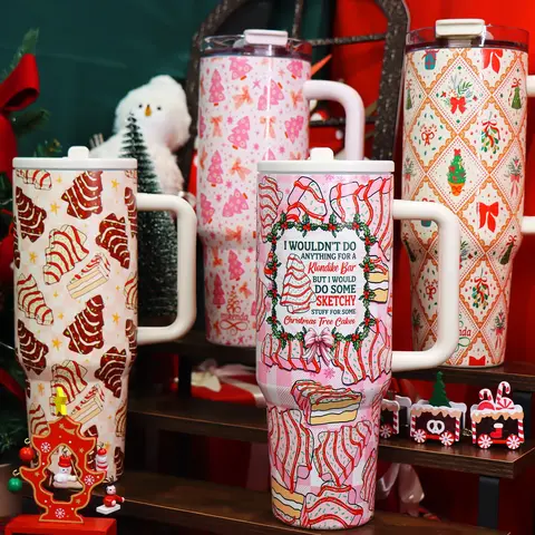 1 Pc 40oz insulated thermal mug with handle, double wall leak-proof vacuum cup, pink Christmas tree and bow pattern, keeps hot 12 h/cold 24 h, large capacity tumbler, Insulated Reusable Drinkware