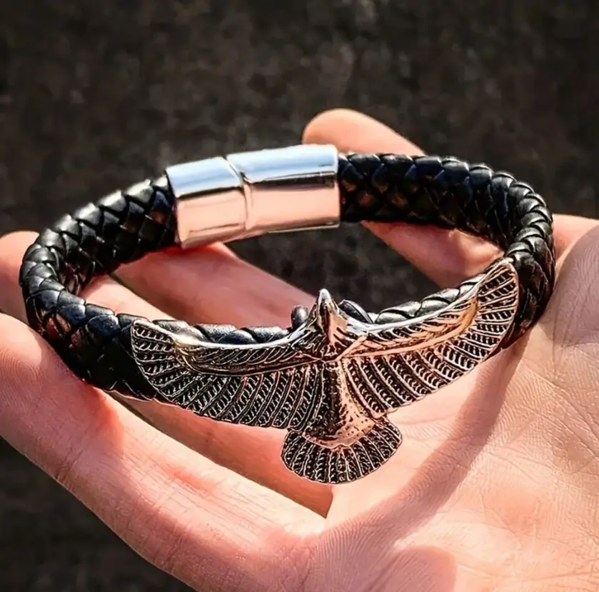 Men’s Braided Leather Eagle Bracelet – Clasp Jewelry