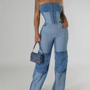 Women denim blue colorblock 2 piece pants set open back zip up matching denim pants Comfort Crop