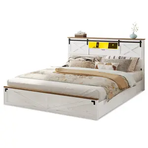 LED Wooden Bed Frame with Storage Headboard White