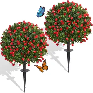 Dense Red Rose Artificial Topiary Ball Trees 24 Inch Set of 2 Fake Plants with Ground Spike UV Resistant No Fade Outdoor Faux Shrubs for Spring Garden Patio Porch Yard Indoor Decor