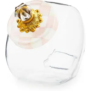 Sweets Jar with Enamel Lid, Small Glass Cookie Jar or Kitchen Jar, 0.5-Gallon Capacity, -and-White Rosy Check