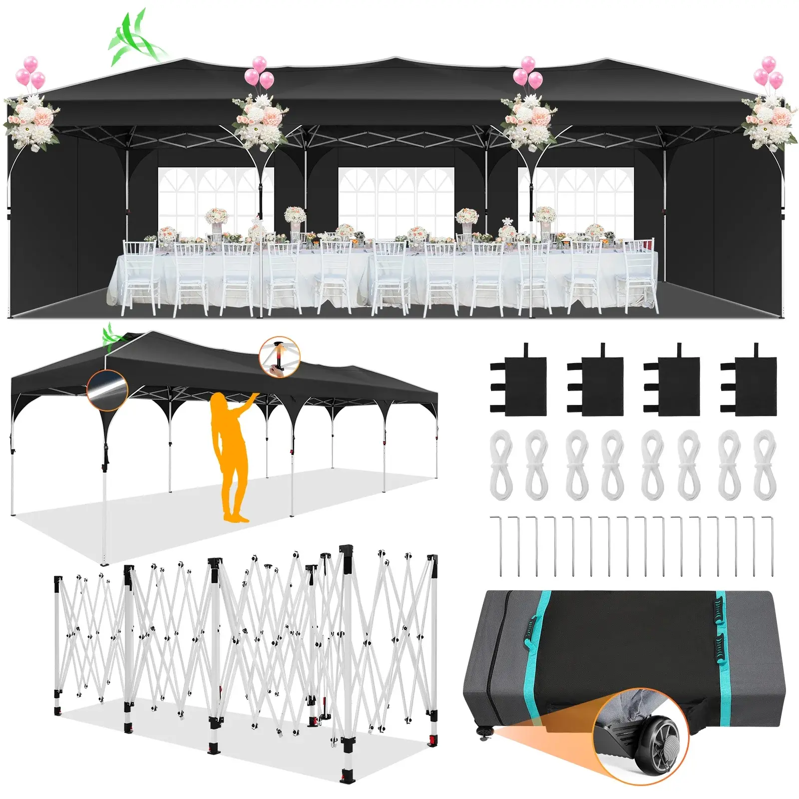 COBIZI 10'x30' Pop-Up Patio Umbrella, Heavy-Duty Removable Sunshade Canopy, UPF 50+, Windproof, Waterproof, Portable Awnings for Commercial Outdoor Wedding Parties, Removable Canopy