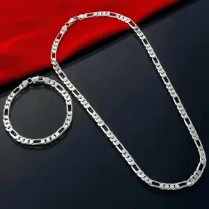 Elegant 925 Sterling Silvery 4mm Triple Figaro Cuban Link Chain Necklace - Hypoallergenic, Tarnish-Resistant, Ideal For Parties & Gifts, Versatile Accessory|Stylish Cuban Link|Durable Chain Design