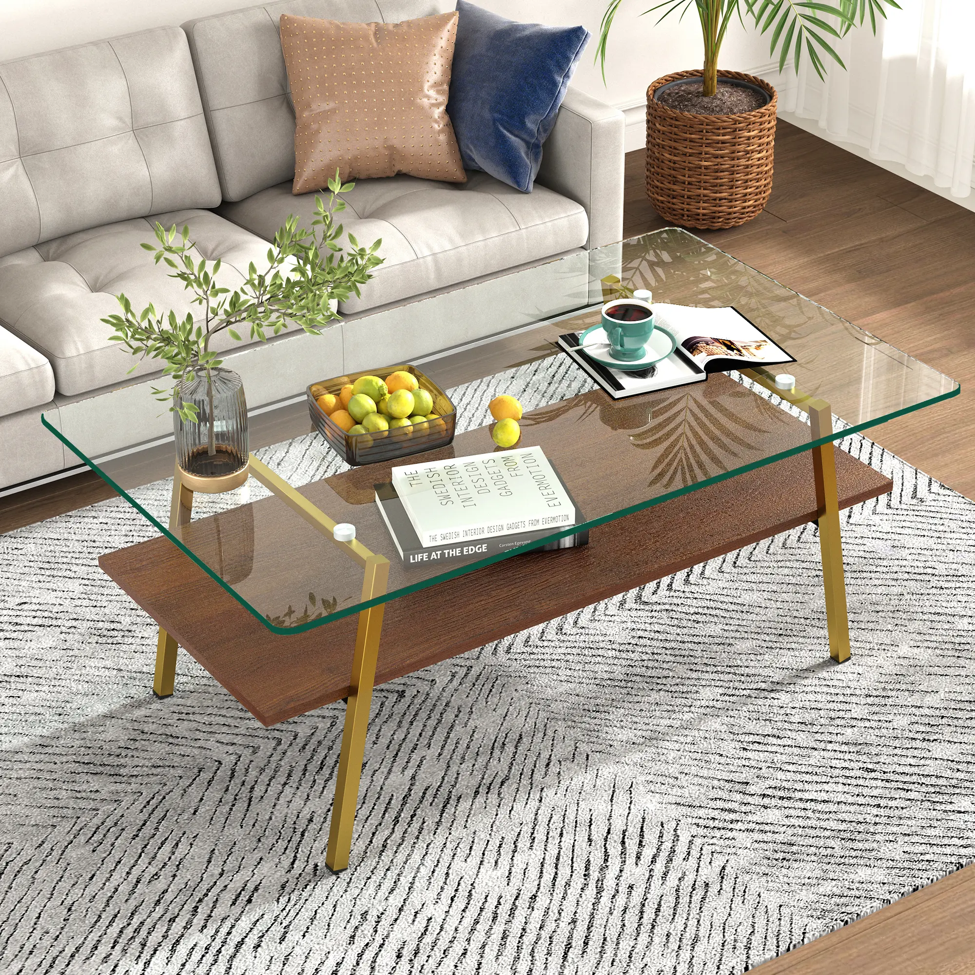 Modern Rectangle Tempered Glass Coffee Table - White Metal Legs, 220lbs Load Bearing, Smooth Edges, Easy Setup, Assembly Required - Contemporary Style Indoor Living Room Furniture