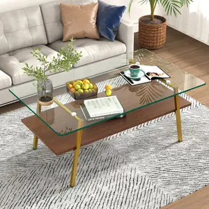 Modern Rectangle Coffee Table - Tempered Glass Tabletop, White Metal Legs - Indoor Living Room Furniture
