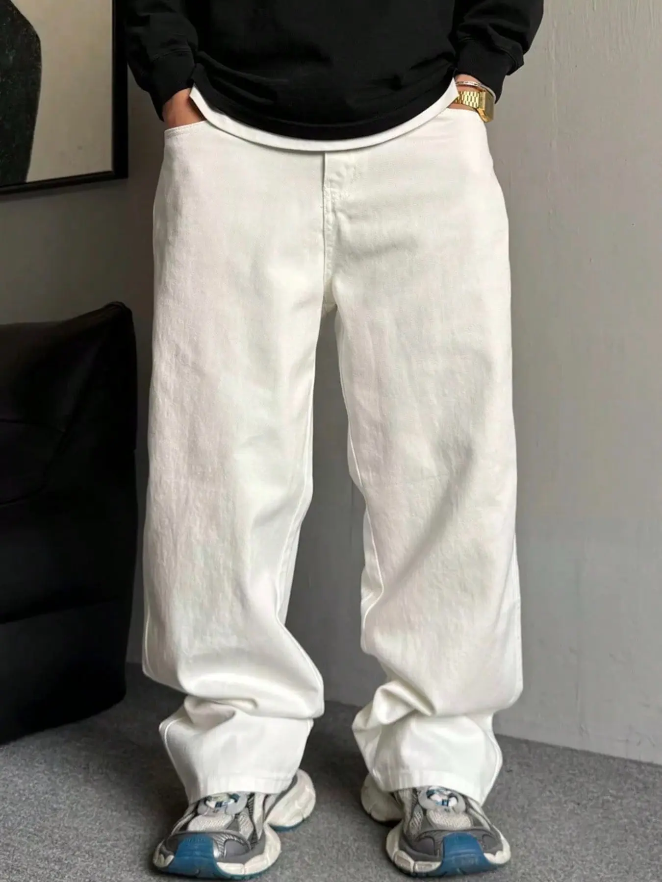 Men's Washed Denim Plain Jeans, Loose Baggy Wide Leg Casual Natural Jeans, Basic Versatile Long Pants for Daily Outdoor Wear, All Seasons
