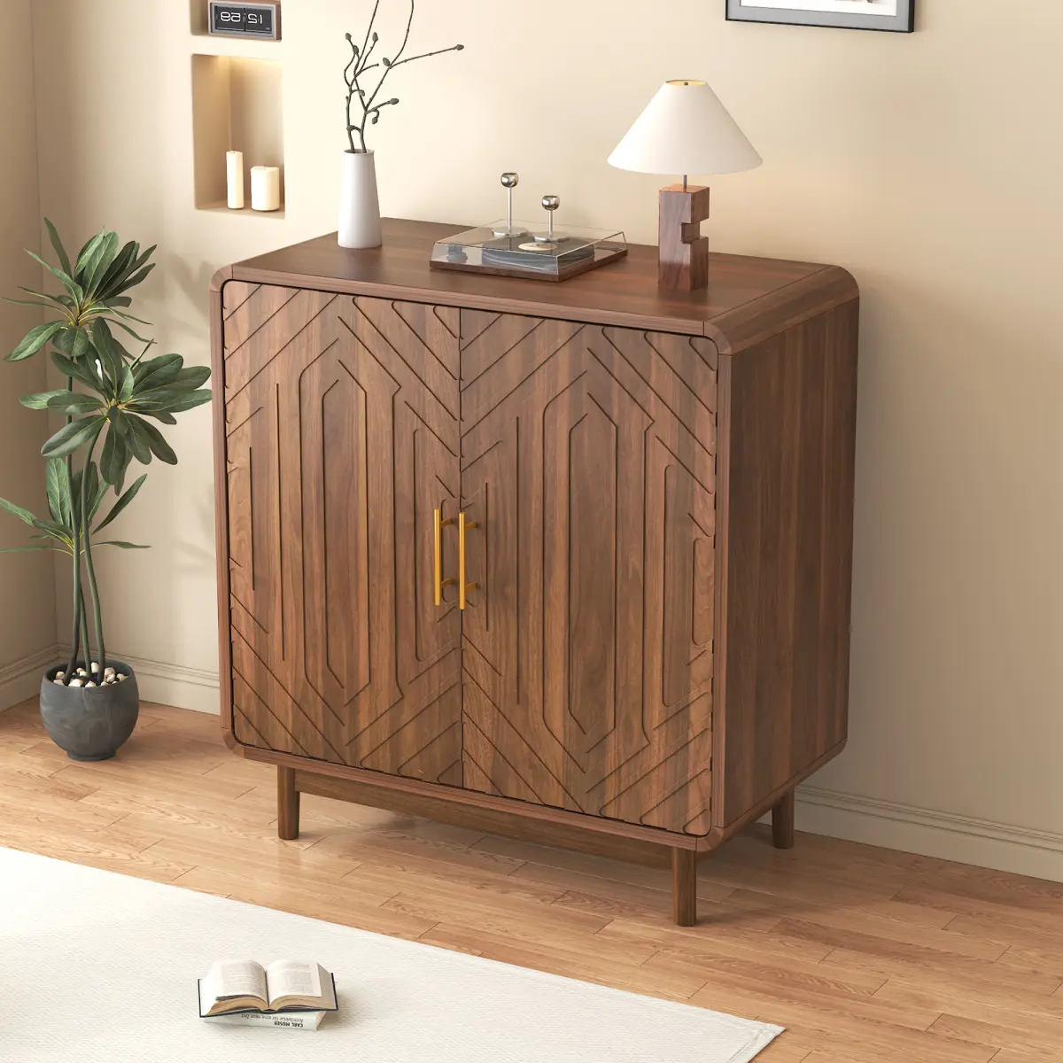 [Fahuac] Walnut Carved Sideboard Buffet - Wood Cabinets with Adjustable Shelves, Mid-Century Modern Adjustable Storage, Child-Friendly Clutter-Free Compact Unit for Kitchen, Dining Room, Adjustable Storage Cabinets