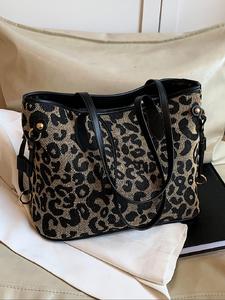 fashion textile leopard pattern tote bag, casual versatile leopard print shoulder bag for women, trendy all-match bag for daily commute use