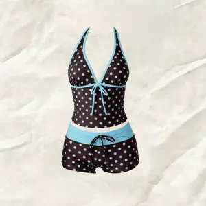 Blaze 2026 NEW 2PCS Retro Polka Dot Color-Block Two-Piece Swimsuit for Women, Halter Neck, Tummy-Covering, Slimming, Vacation Swimwear Set,Womenswear, Perfect for Pool Parties and Luxury Beach Vacations