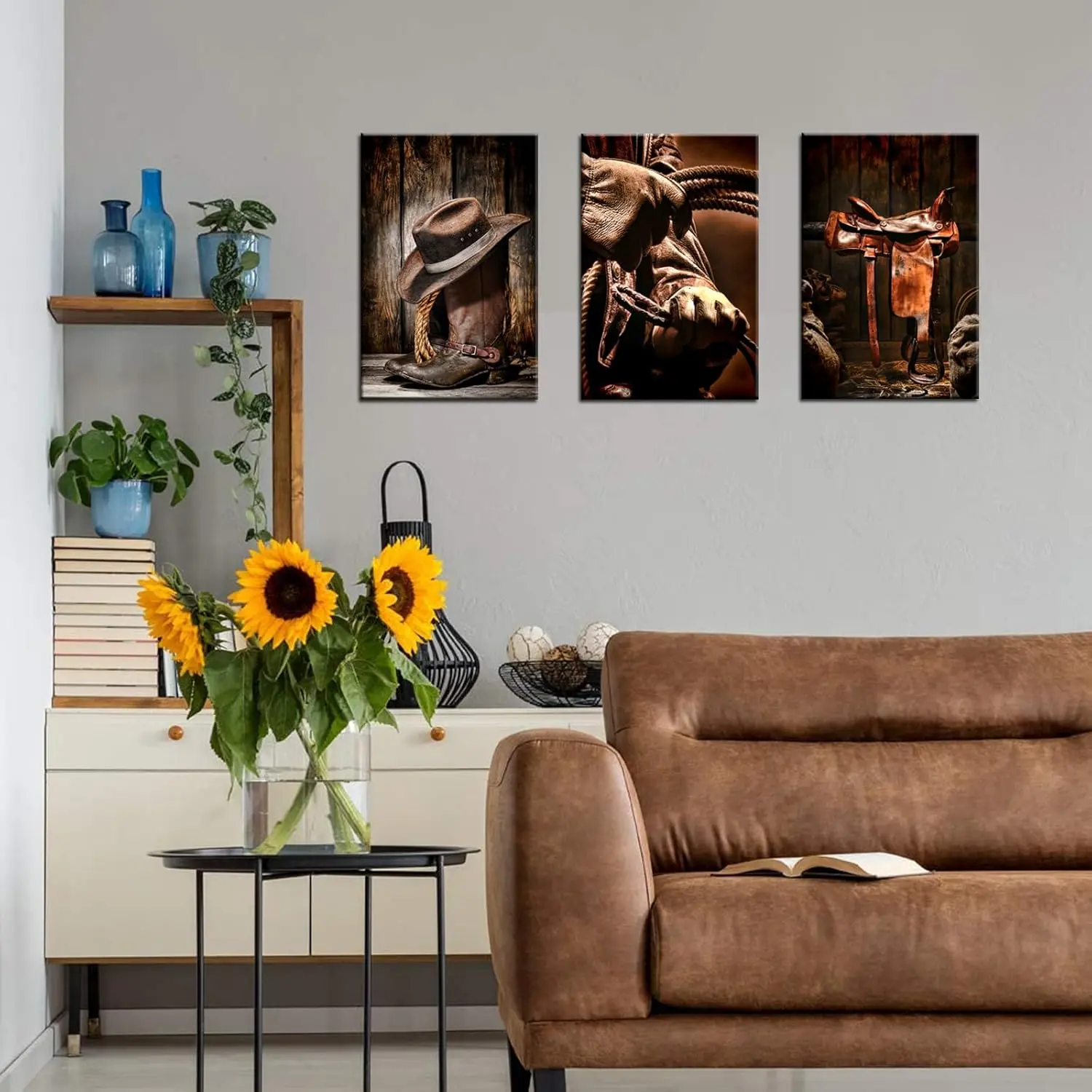 3-Piece Pine Wood Framed Canvas Prints - American West Rodeo Cowboy Design (Brown Straw Hat & Leather Boots), Vintage Stretched Wall Art for Home, Balcony, Wardrobe, Ready to Hang, 12L"x16H", Ideal Gift for Thanksgiving, Father's Day, Valentine's Day