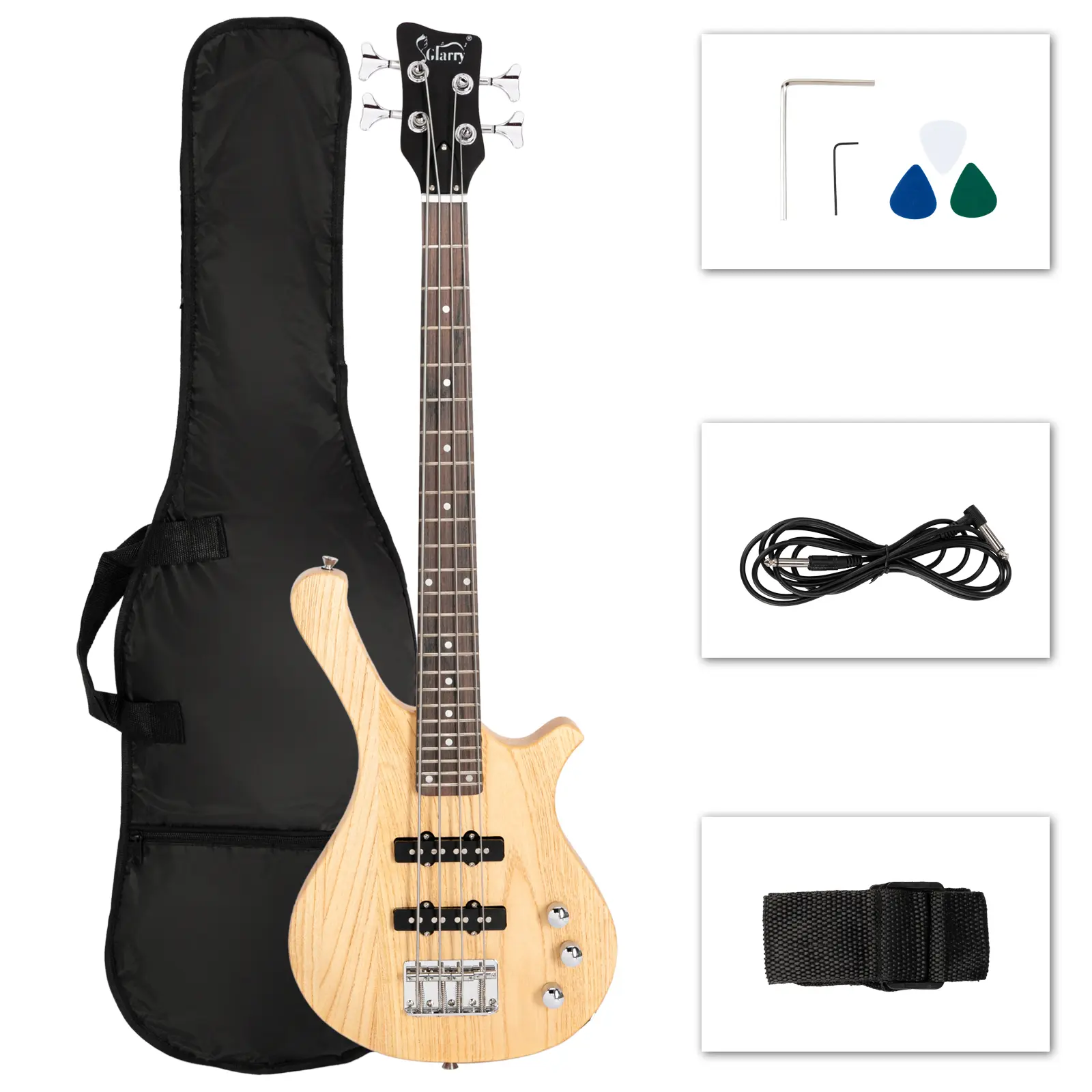 GW101 36in Small Scale Electric Bass Guitar Kit with Mahogany Body, SS Pickups, 24 Frets, 25.5in Scale, Bag Strap Cable, Burlywood