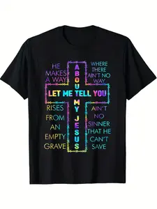 1pc Let Me Tell You about My Jesus Christ Bible God Tie Dye Exquisite Pattern Printed Letter T-Shirt Seasonal Casual Trendy Men'S T-Shirt Round Neck High Street Pure Cotton Short Sleeved T-Shirt Trendy High-End T-Shirt