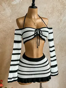 Black and White Striped Hollow Out Knit Two Piece Set Off Shoulder Long Sleeve Fitted Crop Top and Mini Skirt Set for Women 2026 Spring Summer Beach Vacation Party Clubwear Casual Y2K Streetwear Fashion Outfit