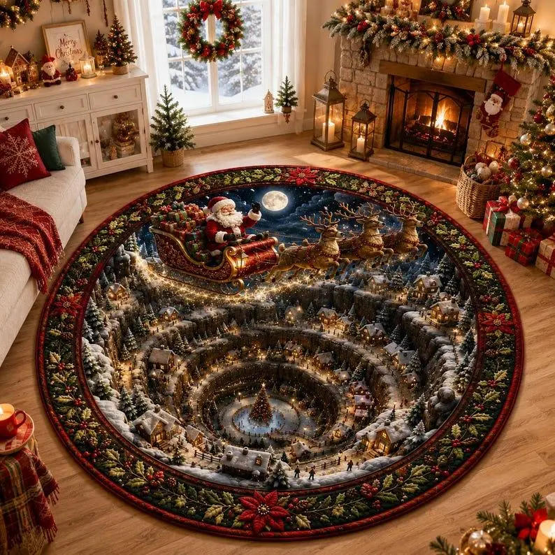 Magical Santa Claus 3D Illusion Round Velvet Rug, Christmas Village Reindeer Floor Mat, Festive Holiday Home Decor Gift