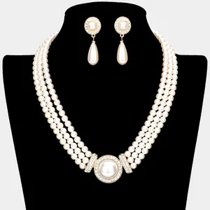 Three Row Cream Pearl Necklace with Cream Pearl Teardrop Earrings on Gold | Bridal Jewelry Sets |  173620