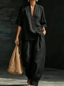 Women's Summer Linen V-Neck Half-Sleeve Solid Color Set, Fashion Casual Loose-Fit Pocket Wide-Leg Pants, Comfortable Clothing Set, Fashion Clothes Set