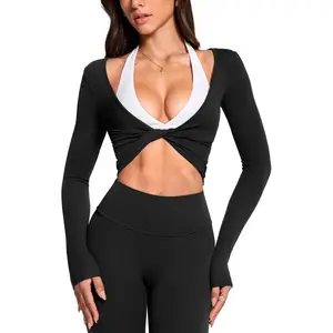 Womens Long Sleeve Knot Top Twist Front Cropped Activewear Ribbed Shirt Ballet Pilates Yoga Versatile Gym Top